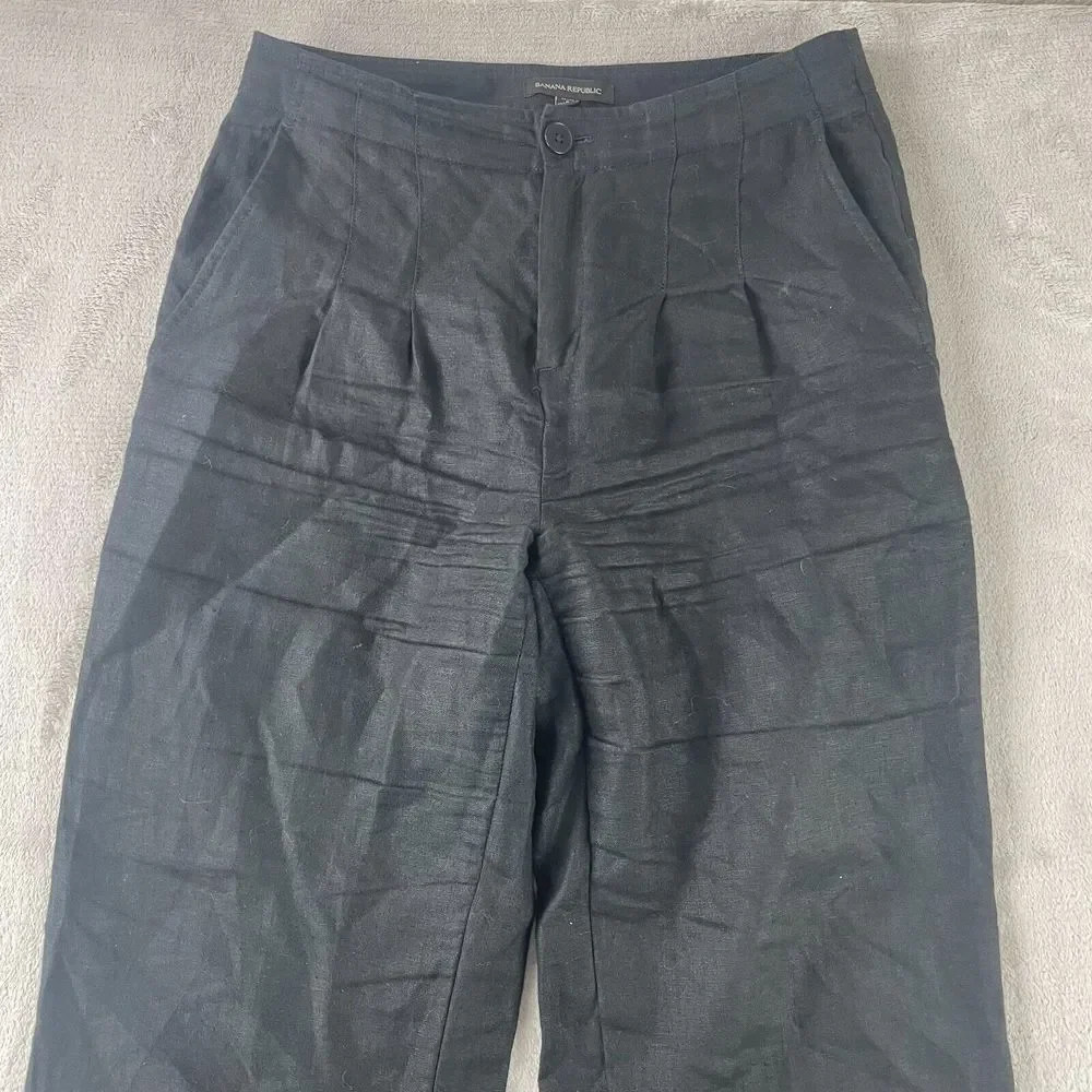Banana Republic Wide Leg 100% Linen Pants Women Petite 6 Black Pleated‎ Summer